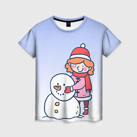Женская футболка 3D с принтом Девочка лепит снеговика в Новосибирске, 100% полиэфир ( синтетическое хлопкоподобное полотно) | прямой крой, круглый вырез горловины, длина до линии бедер | 2022 | девочка | зима | зимние забавы | милота | рисунок | снег | снеговик | снежок | холод