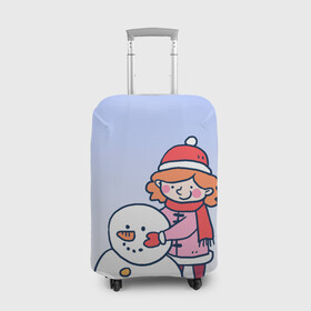 Чехол для чемодана 3D с принтом Девочка лепит снеговика в Новосибирске, 86% полиэфир, 14% спандекс | двустороннее нанесение принта, прорези для ручек и колес | 2022 | девочка | зима | зимние забавы | милота | рисунок | снег | снеговик | снежок | холод