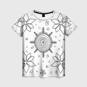 Женская футболка 3D с принтом Паттерн из простых чёрных снежинок в Новосибирске, 100% полиэфир ( синтетическое хлопкоподобное полотно) | прямой крой, круглый вырез горловины, длина до линии бедер | бесшовный | графика | зима | зимний | зимний паттерн | карандашом | паттерн | простые снежинки | снег | снегопад | снежинка | снежинки | чёрные снежинки | чёрный карандаж