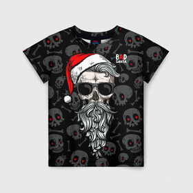 Детская футболка 3D с принтом Santa from Hell в Новосибирске, 100% гипоаллергенный полиэфир | прямой крой, круглый вырез горловины, длина до линии бедер, чуть спущенное плечо, ткань немного тянется | Тематика изображения на принте: beard | christmas | hipster | new year | red cap | red eyes | santa claus | santa from hell | skulls | борода | дед мороз | красные глаза | красный колпак | новый год | рождество | санта из ада | санта клаус | хипстер | черепа