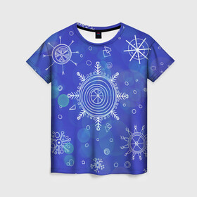 Женская футболка 3D с принтом Белые простые снежинки на синем фоне в Новосибирске, 100% полиэфир ( синтетическое хлопкоподобное полотно) | прямой крой, круглый вырез горловины, длина до линии бедер | белые снежинки | зимний | зимний паттерн | новогодний | паттерн со снежинками | светящееся снежинки | синий фон | снегопад | снегопад на синем фоне | снежинки | снежинки карандашом