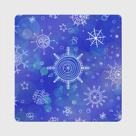 Магнит виниловый Квадрат с принтом Белые простые снежинки на синем фоне в Новосибирске, полимерный материал с магнитным слоем | размер 9*9 см, закругленные углы | белые снежинки | зимний | зимний паттерн | новогодний | паттерн со снежинками | светящееся снежинки | синий фон | снегопад | снегопад на синем фоне | снежинки | снежинки карандашом