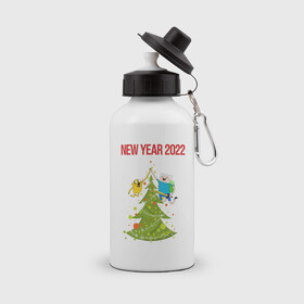 Бутылка спортивная с принтом Adventure Time 2022 Happy New Year в Новосибирске, металл | емкость — 500 мл, в комплекте две пластиковые крышки и карабин для крепления | 2022 | adventure time | animation | new year | время приключений | новый год 2022