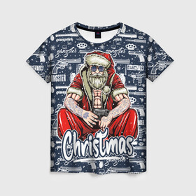 Женская футболка 3D с принтом Гангстер Санта Клаус   Santa Claus Gangster в Новосибирске, 100% полиэфир ( синтетическое хлопкоподобное полотно) | прямой крой, круглый вырез горловины, длина до линии бедер | christmas | бита | гангстер | дед мороз | кастет | новый год | нож | оружие | пистолет | рождество | санта | снежинка