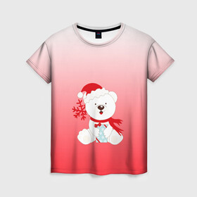 Женская футболка 3D с принтом Белый мишка с подарком в Новосибирске, 100% полиэфир ( синтетическое хлопкоподобное полотно) | прямой крой, круглый вырез горловины, длина до линии бедер | белый мишка | градиент | зима | коробочка | медведь | милота | нейтральный | новый год | подарок | полярный мишка | рисунок | снежинка | сюрприз | шапочка