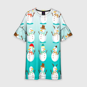 Детское платье 3D с принтом Веселые снеговички узор в Новосибирске, 100% полиэстер | прямой силуэт, чуть расширенный к низу. Круглая горловина, на рукавах — воланы | 2022 | веселье | градиент | зима | новый год | праздники | снег | снеговики | снеговички | традиции | узор | узорчик