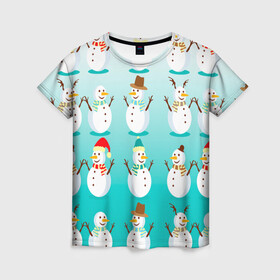 Женская футболка 3D с принтом Веселые снеговички узор в Новосибирске, 100% полиэфир ( синтетическое хлопкоподобное полотно) | прямой крой, круглый вырез горловины, длина до линии бедер | 2022 | веселье | градиент | зима | новый год | праздники | снег | снеговики | снеговички | традиции | узор | узорчик