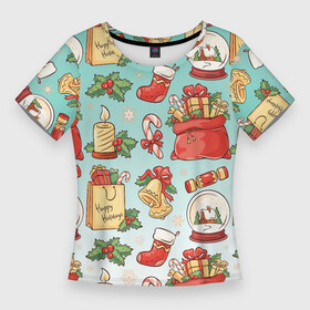 Женская футболка 3D Slim с принтом Рождественский узорный принт в Новосибирске,  |  | градиент | классика | новый год | остролистник | подарок | праздник | рождество | свеча | узорный принт