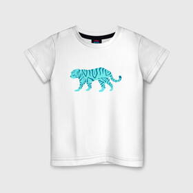 Детская футболка хлопок с принтом водяной тигр 2022 в Новосибирске, 100% хлопок | круглый вырез горловины, полуприлегающий силуэт, длина до линии бедер | 2022зима | blue water tiger | year of the tiger | водный тигр | год тигра | ёлка | кошка | новыйгод | синие полоски | тигр