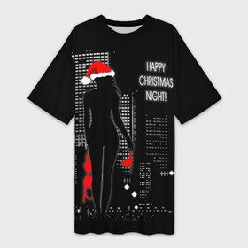 Платье-футболка 3D с принтом Happy Christmas Night в Новосибирске,  |  | christmas | happy christmas night | naked snow maiden | new year | night city | silhouette | новый год | ночной город | рождество | силуэт
