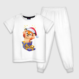 Детская пижама хлопок с принтом Тигрёнок в качестве подарка в Новосибирске, 100% хлопок |  брюки и футболка прямого кроя, без карманов, на брюках мягкая резинка на поясе и по низу штанин
 | Тематика изображения на принте: confetti | eyes | holiday | new year | paws | skin | star | tail | tiger | tiger cub | глаза | звезда | конфетти | лапы | новый год | праздник | тигр | тигрёнок | хвост