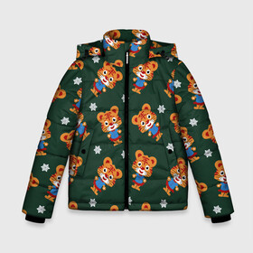 Зимняя куртка для мальчиков 3D с принтом Тигрёнок и снежинка в Новосибирске, ткань верха — 100% полиэстер; подклад — 100% полиэстер, утеплитель — 100% полиэстер | длина ниже бедра, удлиненная спинка, воротник стойка и отстегивающийся капюшон. Есть боковые карманы с листочкой на кнопках, утяжки по низу изделия и внутренний карман на молнии. 

Предусмотрены светоотражающий принт на спинке, радужный светоотражающий элемент на пуллере молнии и на резинке для утяжки | кошки | новый год | символ года | снежинки | тигр