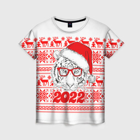 Женская футболка 3D с принтом НОВОГОДНИЙ ТИГР | 2022 в Новосибирске, 100% полиэфир ( синтетическое хлопкоподобное полотно) | прямой крой, круглый вырез горловины, длина до линии бедер | 2020 | 2021 | 2022 | christmas | merry | год водного тигра | леденец | нг | новогодний | новый год | рождество | свитер | тигр | узоры