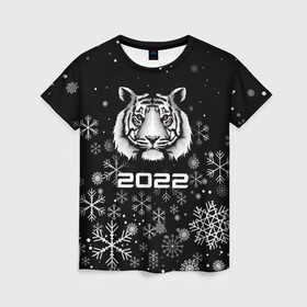 Женская футболка 3D с принтом Новогодний тиг 2022 со снежинками. в Новосибирске, 100% полиэфир ( синтетическое хлопкоподобное полотно) | прямой крой, круглый вырез горловины, длина до линии бедер | 2022 | merry christmas | год тигра | нг | новогодний тигр | новогодняя символика | новый год | рождество | символ 2022 года | снежинки | тигр