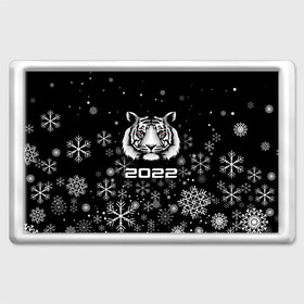 Магнит 45*70 с принтом Новогодний тиг 2022 со снежинками. в Новосибирске, Пластик | Размер: 78*52 мм; Размер печати: 70*45 | 2022 | merry christmas | год тигра | нг | новогодний тигр | новогодняя символика | новый год | рождество | символ 2022 года | снежинки | тигр