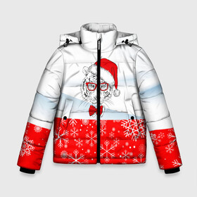 Зимняя куртка для мальчиков 3D с принтом Новогодний тигр в сугробе снега. в Новосибирске, ткань верха — 100% полиэстер; подклад — 100% полиэстер, утеплитель — 100% полиэстер | длина ниже бедра, удлиненная спинка, воротник стойка и отстегивающийся капюшон. Есть боковые карманы с листочкой на кнопках, утяжки по низу изделия и внутренний карман на молнии. 

Предусмотрены светоотражающий принт на спинке, радужный светоотражающий элемент на пуллере молнии и на резинке для утяжки | 2022 | merry christmas | год тигра | нг | новогодний тигр | новогодняя символика | новый год | рождество | символ 2022 года | снежинки | тигр