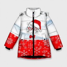 Зимняя куртка для девочек 3D с принтом Новогодний тигр в сугробе снега. в Новосибирске, ткань верха — 100% полиэстер; подклад — 100% полиэстер, утеплитель — 100% полиэстер. | длина ниже бедра, удлиненная спинка, воротник стойка и отстегивающийся капюшон. Есть боковые карманы с листочкой на кнопках, утяжки по низу изделия и внутренний карман на молнии. 

Предусмотрены светоотражающий принт на спинке, радужный светоотражающий элемент на пуллере молнии и на резинке для утяжки. | 2022 | merry christmas | год тигра | нг | новогодний тигр | новогодняя символика | новый год | рождество | символ 2022 года | снежинки | тигр