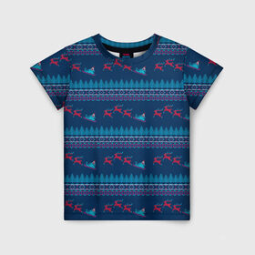 Детская футболка 3D с принтом Санта Клаус и олени в Новосибирске, 100% гипоаллергенный полиэфир | прямой крой, круглый вырез горловины, длина до линии бедер, чуть спущенное плечо, ткань немного тянется | Тематика изображения на принте: 2022 | new year | новогодний орнамент | новый год | новый год 2022 | олени | повозка с оленями | с новым годом | санта | санта с оленями | свитер с оленями