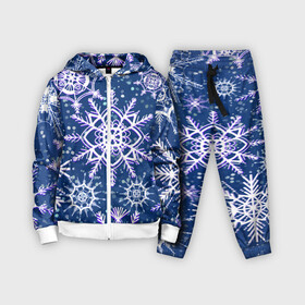 Детский костюм 3D с принтом Белые снежинки на темно синем фоне в Новосибирске,  |  | белое на темном | белые снежинки | зима | зимний мотив | зимний паттерн | зимний узор | зимняя | падают снежинки | паттерн снежинки | снег | снегопад | снежинки | снежная | темно синий