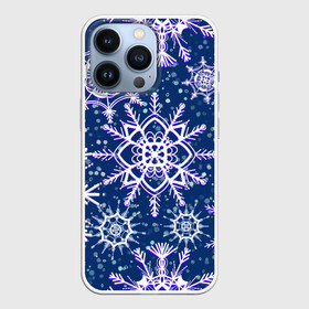 Чехол для iPhone 13 Pro с принтом Белые снежинки на темно синем фоне в Новосибирске,  |  | белое на темном | белые снежинки | зима | зимний мотив | зимний паттерн | зимний узор | зимняя | падают снежинки | паттерн снежинки | снег | снегопад | снежинки | снежная | темно синий
