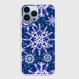Чехол для iPhone 13 Pro Max с принтом Белые снежинки на темно синем фоне в Новосибирске,  |  | белое на темном | белые снежинки | зима | зимний мотив | зимний паттерн | зимний узор | зимняя | падают снежинки | паттерн снежинки | снег | снегопад | снежинки | снежная | темно синий