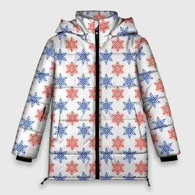 Женская зимняя куртка Oversize с принтом снежинки паттерн snowflakes pattern в Новосибирске, верх — 100% полиэстер; подкладка — 100% полиэстер; утеплитель — 100% полиэстер | длина ниже бедра, силуэт Оверсайз. Есть воротник-стойка, отстегивающийся капюшон и ветрозащитная планка. 

Боковые карманы с листочкой на кнопках и внутренний карман на молнии | pattern | snowflakes | новый год | паттерн | снежинки