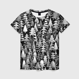 Женская футболка 3D с принтом Лес абстрактных ёлок в Новосибирске, 100% полиэфир ( синтетическое хлопкоподобное полотно) | прямой крой, круглый вырез горловины, длина до линии бедер | абстракция | ёлка | ель | лес | новогодний | новый год | паттерн | рождество | снег | снежинки | чернобелый