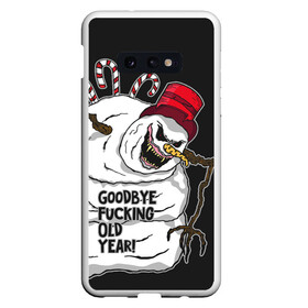 Чехол для Samsung S10E с принтом Goodbye fucking old year в Новосибирске, Силикон | Область печати: задняя сторона чехла, без боковых панелей | christmas | fangs | halloween | new year | predatory | red eyes | scary | snowman | terrible | досвидания старый год | клыки | красные глаза | новый год | рождество | снеговик | страшный | ужасный | хищный | хэллоуин