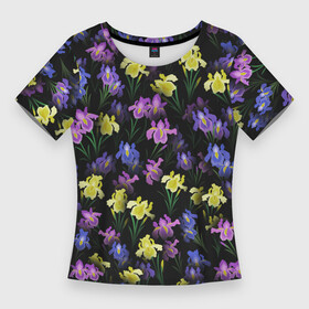 Женская футболка 3D Slim с принтом Ночные ирисы в Новосибирске,  |  | букет | ирис | клумба | паттерн | растения | флора | цветочки | цветы