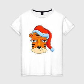 Женская футболка хлопок с принтом Забавный тигр 2022 в Новосибирске, 100% хлопок | прямой крой, круглый вырез горловины, длина до линии бедер, слегка спущенное плечо | 2022 | год тигра | новый год | новый год 2022 | символ года | тигр | тигренок | тигрица | тигры