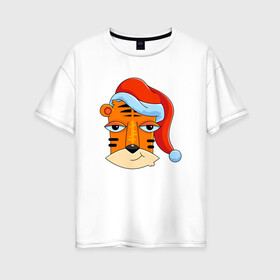Женская футболка хлопок Oversize с принтом Забавный тигр 2022 в Новосибирске, 100% хлопок | свободный крой, круглый ворот, спущенный рукав, длина до линии бедер
 | Тематика изображения на принте: 2022 | год тигра | новый год | новый год 2022 | символ года | тигр | тигренок | тигрица | тигры