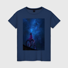Женская футболка хлопок с принтом Взгляд на небо в Новосибирске, 100% хлопок | прямой крой, круглый вырез горловины, длина до линии бедер, слегка спущенное плечо | в топе | в тренде | велосипед | звезды | космос | небо | романтика | синий