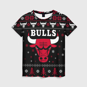 Женская футболка 3D с принтом ЧИКАГО БУЛЛЗ НОВОГОДНИЙ в Новосибирске, 100% полиэфир ( синтетическое хлопкоподобное полотно) | прямой крой, круглый вырез горловины, длина до линии бедер | 2021 | 2022 | bulls | chicago | chicago bulls | christmas | merry | merry christmas | nba | new year | snow | sweate | ugly christmas | winter | баскетбол | буллз | зима | нба | новогодний | новогодняя | новый год | рождественский | рождест
