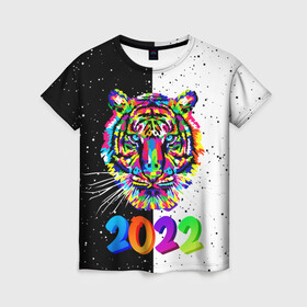 Женская футболка 3D с принтом НОВЫЙ ГОД 2022   НОВОГОДНИЙ ТИГР   ПОП АРТ   POP ART в Новосибирске, 100% полиэфир ( синтетическое хлопкоподобное полотно) | прямой крой, круглый вырез горловины, длина до линии бедер | 2021 | 2022 | happy new year | merry christmas | new year | snow | tiger | winter | year of the tiger | год тигра | зверь | зима | новогоднее настроение | новогодние праздники | новый год | рождество | символ года | синий тигр | снег | хищн