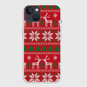 Чехол для iPhone 13 с принтом вязаный принт с оленями в Новосибирске,  |  | Тематика изображения на принте: christmas | deer | knitted | new year | print | red | snow | trees | white | wintry | белый | вязаный | елки | зимний | красный | новый год | олени | олень | принт | рождество | снег | снежинка