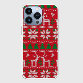 Чехол для iPhone 13 Pro с принтом вязаный принт с оленями в Новосибирске,  |  | christmas | deer | knitted | new year | print | red | snow | trees | white | wintry | белый | вязаный | елки | зимний | красный | новый год | олени | олень | принт | рождество | снег | снежинка