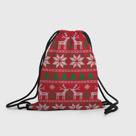 Рюкзак-мешок 3D с принтом вязаный принт с оленями в Новосибирске, 100% полиэстер | плотность ткани — 200 г/м2, размер — 35 х 45 см; лямки — толстые шнурки, застежка на шнуровке, без карманов и подкладки | christmas | deer | knitted | new year | print | red | snow | trees | white | wintry | белый | вязаный | елки | зимний | красный | новый год | олени | олень | принт | рождество | снег | снежинка
