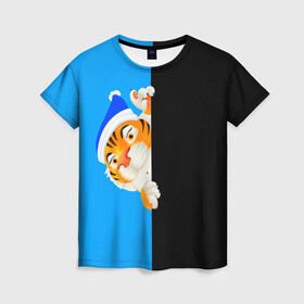 Женская футболка 3D с принтом новый год | 2022 тигр в Новосибирске, 100% полиэфир ( синтетическое хлопкоподобное полотно) | прямой крой, круглый вырез горловины, длина до линии бедер | 2022 | merry christmas | год тигра | нг | новогодний тигр | новогодняя символика | новый год | рождество | символ 2022 года | снежинки | тигр