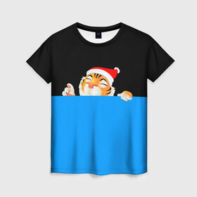 Женская футболка 3D с принтом ГОД ТИГРА (2022) в Новосибирске, 100% полиэфир ( синтетическое хлопкоподобное полотно) | прямой крой, круглый вырез горловины, длина до линии бедер | 2022 | merry christmas | год тигра | нг | новогодний тигр | новогодняя символика | новый год | рождество | символ 2022 года | снежинки | тигр