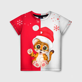 Детская футболка 3D с принтом НОВЫЙ ГОД | ТИГР | СНЕЖИНКИ в Новосибирске, 100% гипоаллергенный полиэфир | прямой крой, круглый вырез горловины, длина до линии бедер, чуть спущенное плечо, ткань немного тянется | Тематика изображения на принте: 2022 | merry christmas | год тигра | нг | новогодний тигр | новогодняя символика | новый год | рождество | символ 2022 года | снежинки | тигр