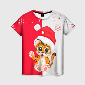 Женская футболка 3D с принтом НОВЫЙ ГОД | ТИГР | СНЕЖИНКИ в Новосибирске, 100% полиэфир ( синтетическое хлопкоподобное полотно) | прямой крой, круглый вырез горловины, длина до линии бедер | 2022 | merry christmas | год тигра | нг | новогодний тигр | новогодняя символика | новый год | рождество | символ 2022 года | снежинки | тигр
