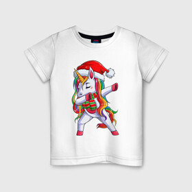 Детская футболка хлопок с принтом Новогодний Единорог Даб в Новосибирске, 100% хлопок | круглый вырез горловины, полуприлегающий силуэт, длина до линии бедер | christmas | dabbing | santa | unicorn | даббинг | дед мороз | единорог | новый год | радуга | радужный | рождество | санта | снежинка | юникорн