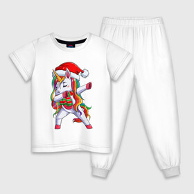 Детская пижама хлопок с принтом Новогодний Единорог Даб в Новосибирске, 100% хлопок |  брюки и футболка прямого кроя, без карманов, на брюках мягкая резинка на поясе и по низу штанин
 | christmas | dabbing | santa | unicorn | даббинг | дед мороз | единорог | новый год | радуга | радужный | рождество | санта | снежинка | юникорн