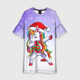 Детское платье 3D с принтом Xmas Unicorn Dabbing   Рождественский Единорог Даб в Новосибирске, 100% полиэстер | прямой силуэт, чуть расширенный к низу. Круглая горловина, на рукавах — воланы | christmas | dabbing | santa | unicorn | даббинг | дед мороз | единорог | зима | новый год | радуга | радужный | рождество | санта | снег | снежинка | юникорн