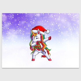 Поздравительная открытка с принтом Xmas Unicorn Dabbing   Рождественский Единорог Даб в Новосибирске, 100% бумага | плотность бумаги 280 г/м2, матовая, на обратной стороне линовка и место для марки
 | Тематика изображения на принте: christmas | dabbing | santa | unicorn | даббинг | дед мороз | единорог | зима | новый год | радуга | радужный | рождество | санта | снег | снежинка | юникорн