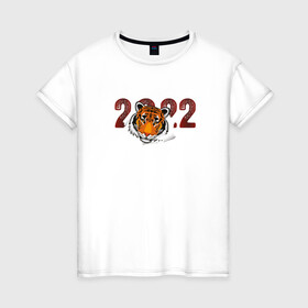 Женская футболка хлопок с принтом Морда тигра 2022 в Новосибирске, 100% хлопок | прямой крой, круглый вырез горловины, длина до линии бедер, слегка спущенное плечо | 2022 | год тигра | новый год | новый год 2022 | символ года | тигр | тигренок | тигрица | тигры