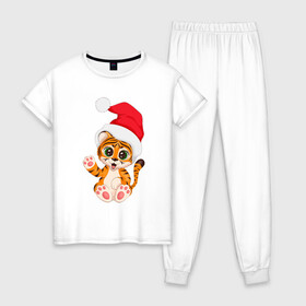 Женская пижама хлопок с принтом Новый год (тигренок) в Новосибирске, 100% хлопок | брюки и футболка прямого кроя, без карманов, на брюках мягкая резинка на поясе и по низу штанин | 2022 | год тигра | новогодний тигр | новый год | рождество | символ 2022 года | снежинки | тигр