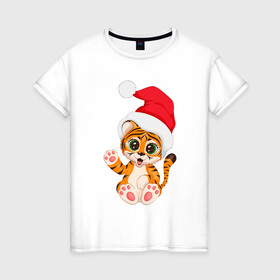 Женская футболка хлопок с принтом Новый год (тигренок) в Новосибирске, 100% хлопок | прямой крой, круглый вырез горловины, длина до линии бедер, слегка спущенное плечо | 2022 | год тигра | новогодний тигр | новый год | рождество | символ 2022 года | снежинки | тигр