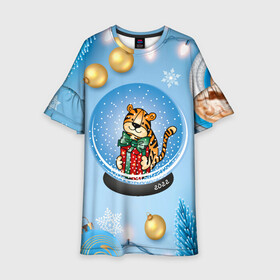 Детское платье 3D с принтом Тигренок в новогоднем шаре в Новосибирске, 100% полиэстер | прямой силуэт, чуть расширенный к низу. Круглая горловина, на рукавах — воланы | Тематика изображения на принте: 2022 | год тигра | новый год | новый год 2022 | символ года | тигр | тигренок | тигрица | тигры