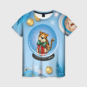 Женская футболка 3D с принтом Тигренок в новогоднем шаре в Новосибирске, 100% полиэфир ( синтетическое хлопкоподобное полотно) | прямой крой, круглый вырез горловины, длина до линии бедер | 2022 | год тигра | новый год | новый год 2022 | символ года | тигр | тигренок | тигрица | тигры